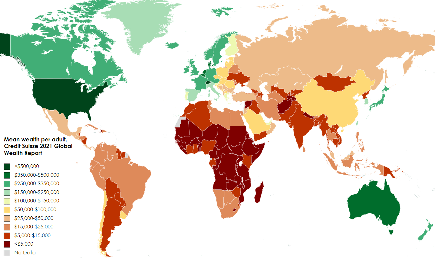 A world map from Credit Suisse showing the mean wealth per adult by country in 2021, with a color scale from green (high wealth) to red (low wealth).