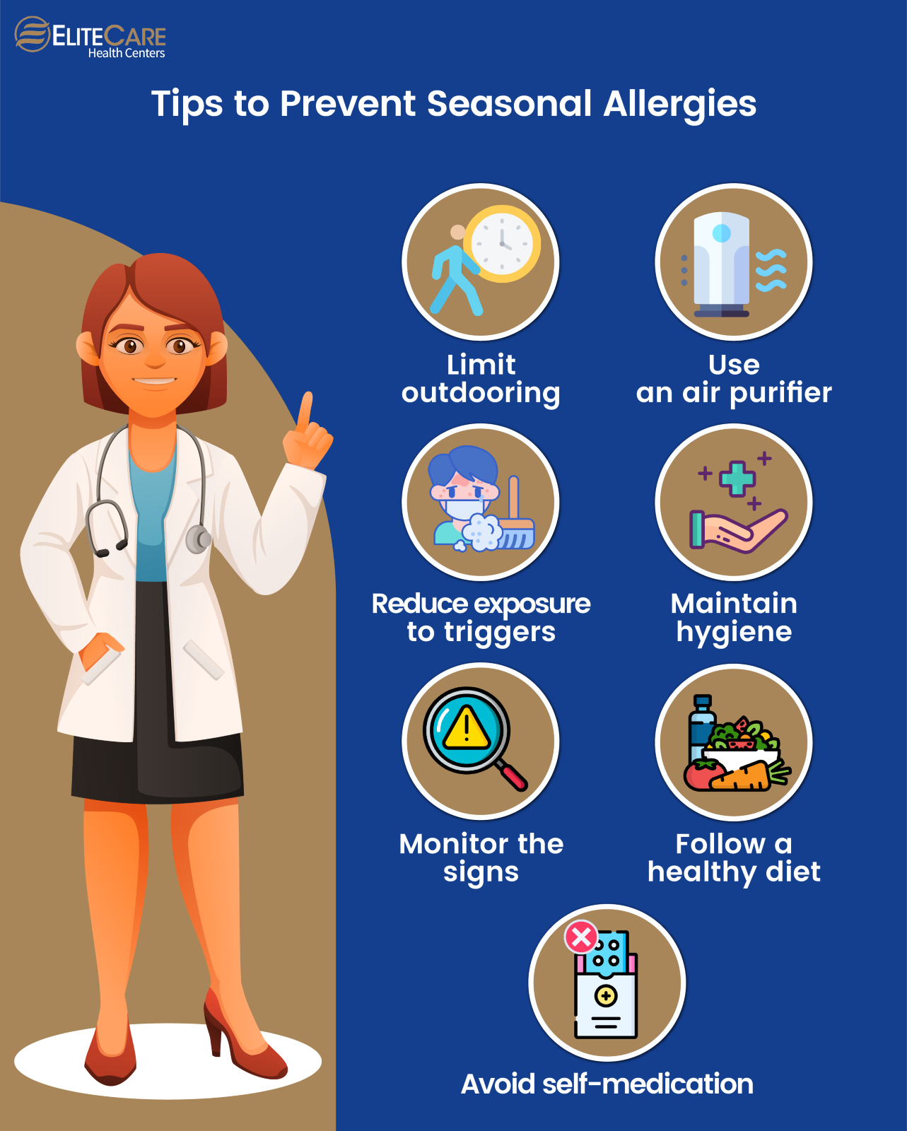 Infographic titled 'Tips to Prevent Seasonal Allergies' featuring a doctor and six illustrated tips.