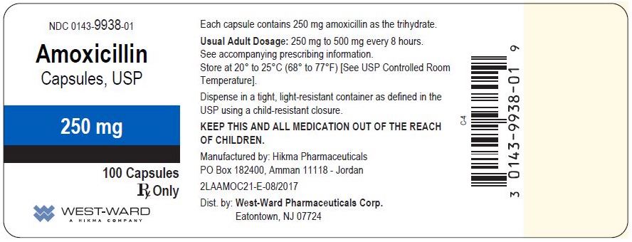A prescription medicine label for Amoxicillin 250mg capsules.