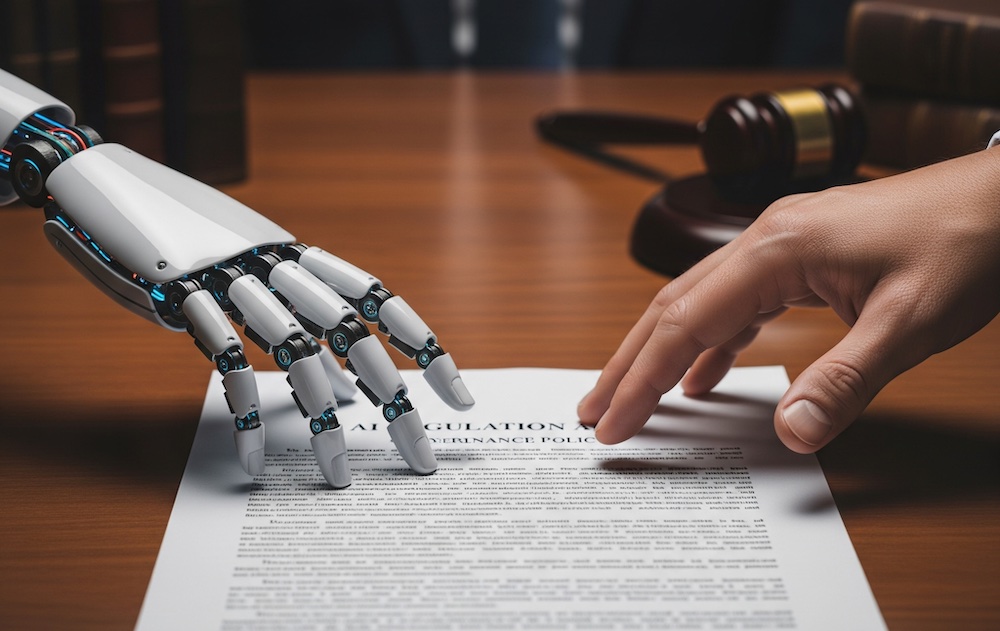 A robot hand and a human hand over a legal document, symbolizing AI regulation.