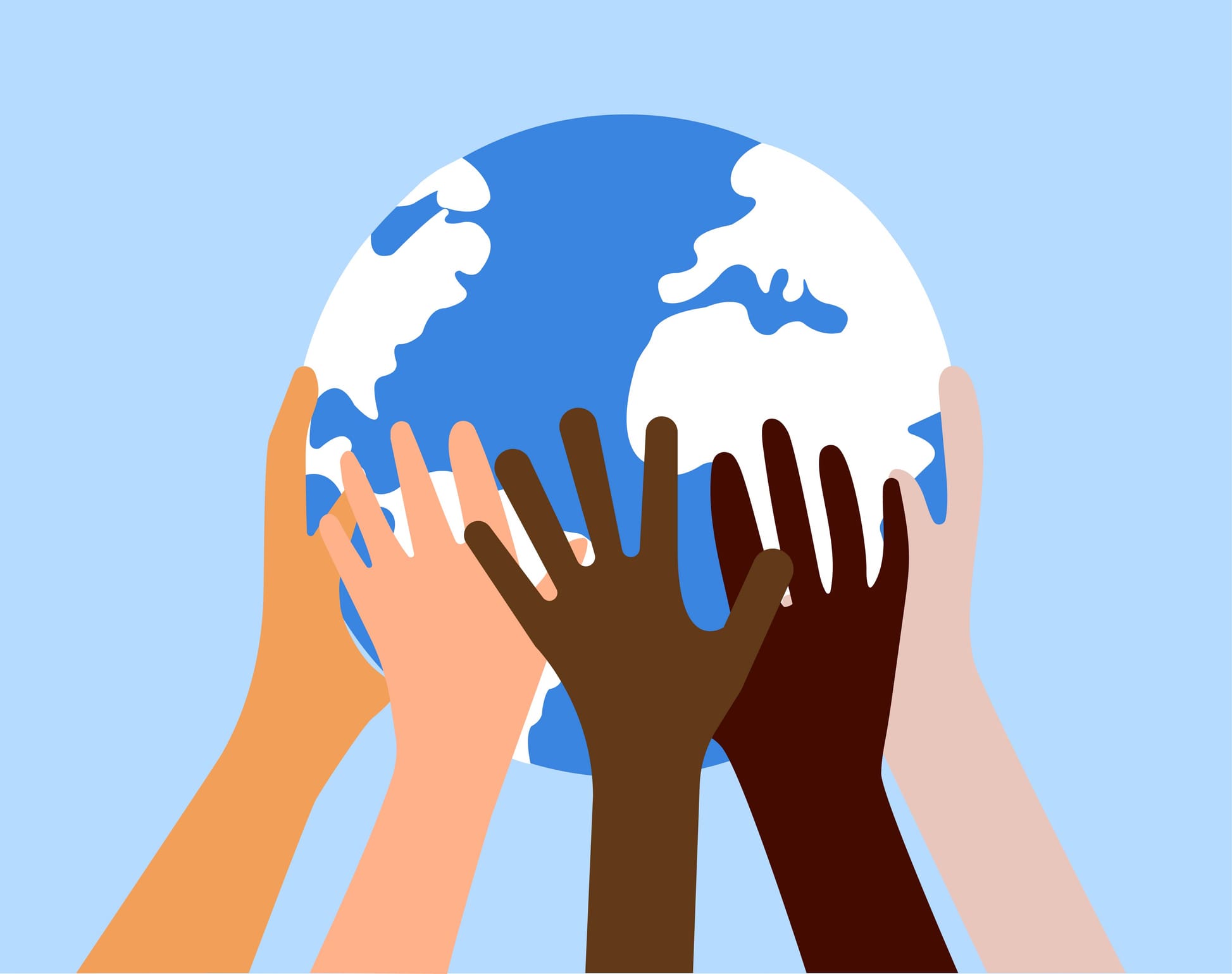 Hands of different races holding up a globe together