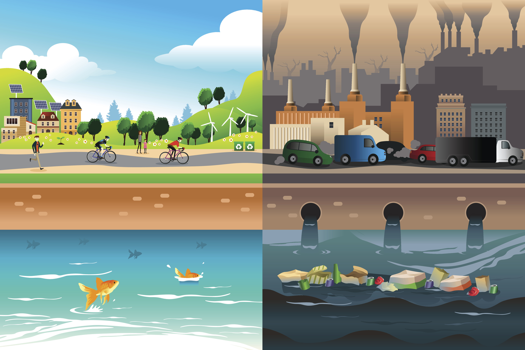 A split image showing a lush green forest on one side and a polluted industrial landscape on the other.