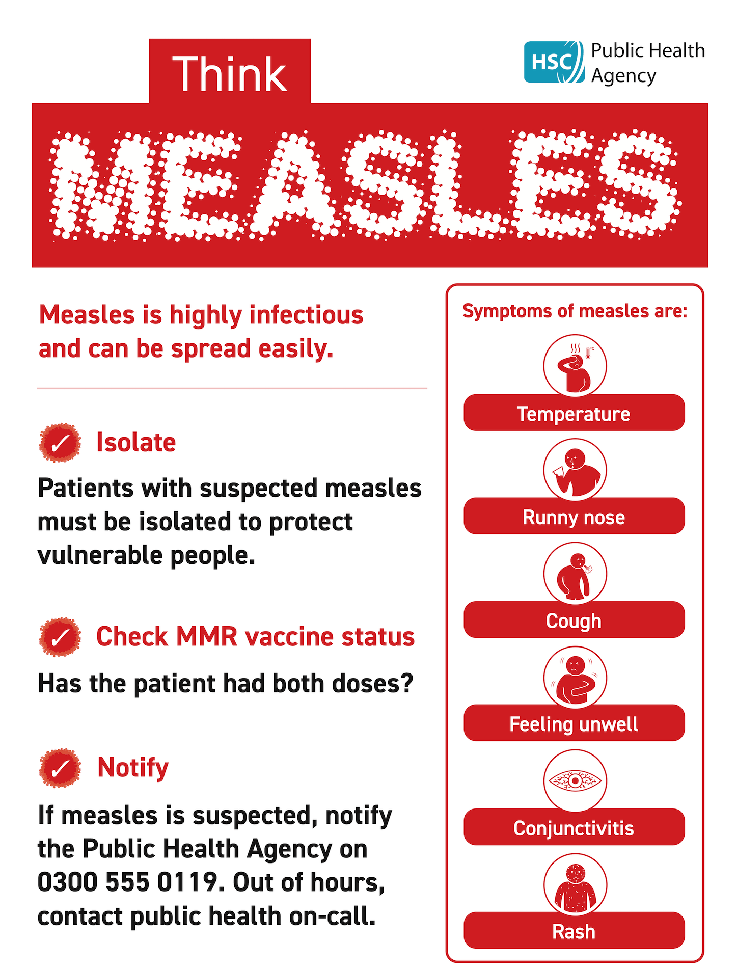 An urgent measles warning poster for health professionals from the HSC Public Health Agency.