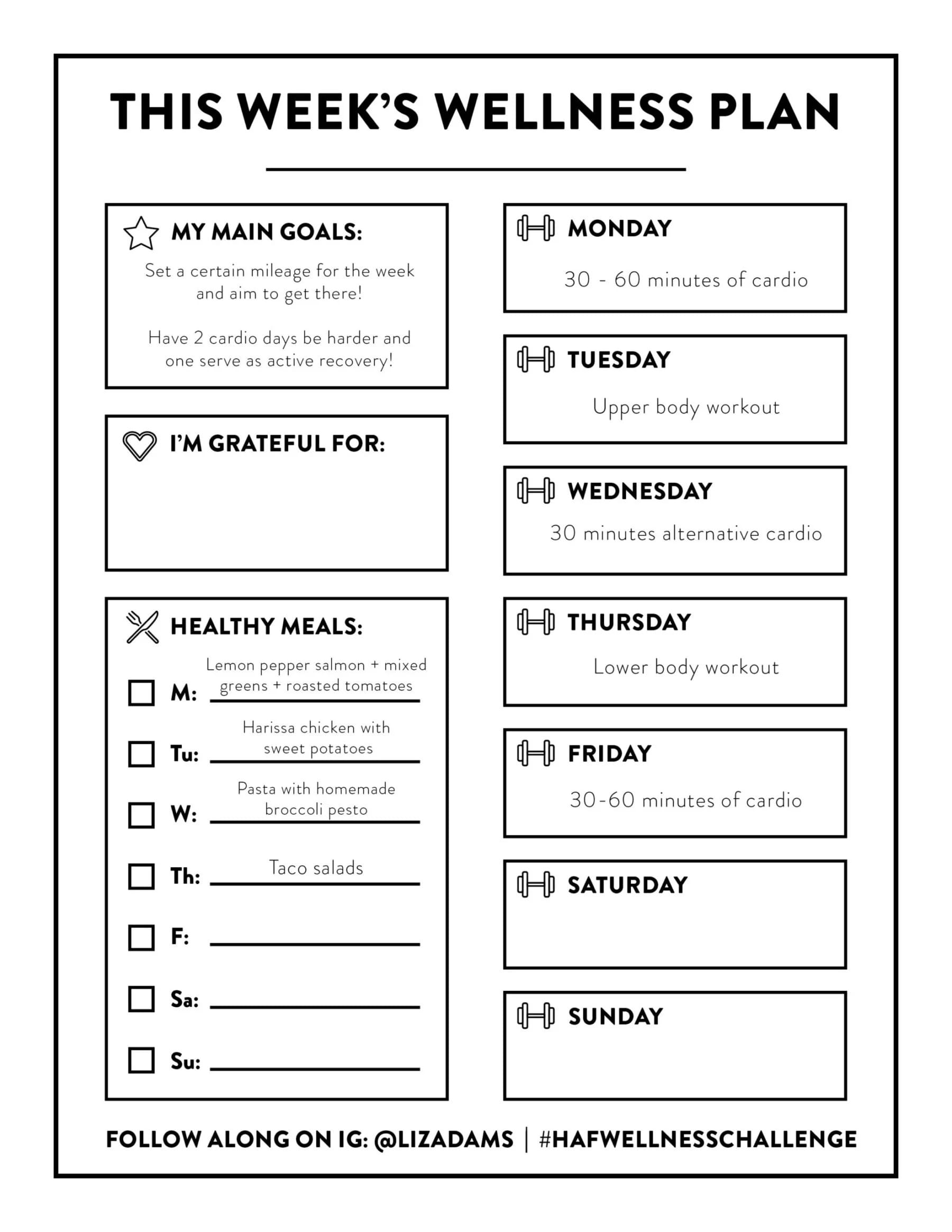 A sample weekly wellness plan with columns for fitness, nutrition, and mental well-being for each day of the week.