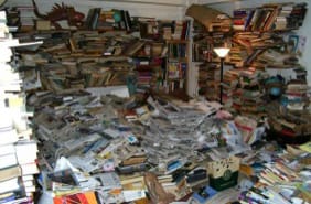 messy room with books