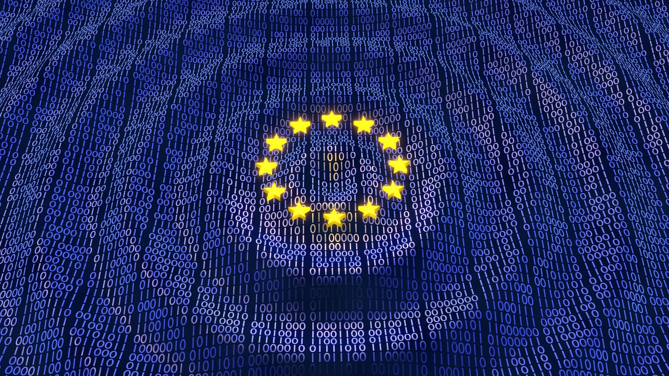European Union flag behind a digital brain graphic