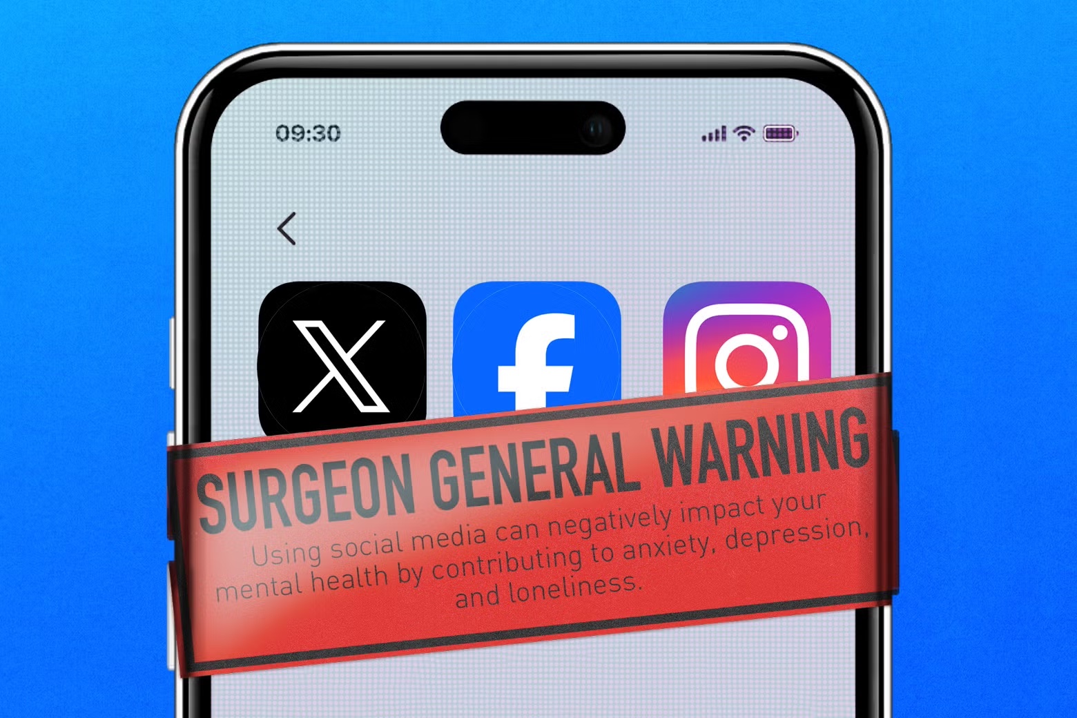 A smartphone displaying social media apps with a large warning label superimposed on it.