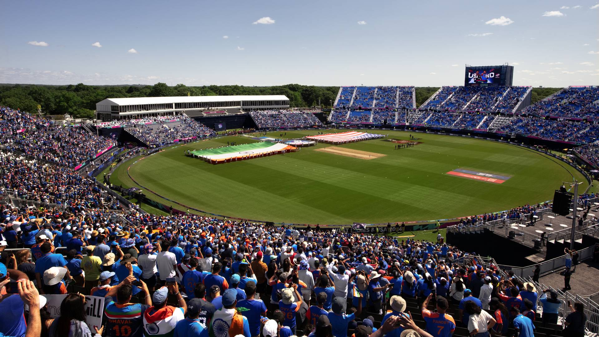A wide shot of the temporary cricket stadium in Nassau County, New York.