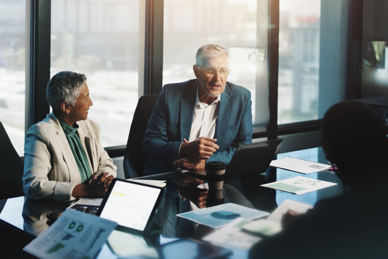 Professionals in a corporate boardroom meeting.